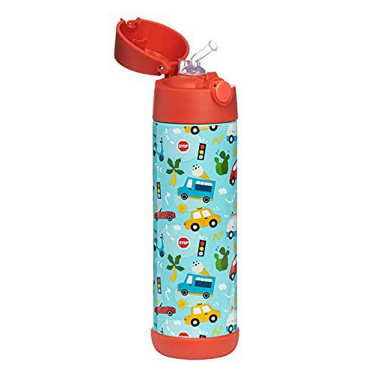 Snug Kids Water Bottle Insulated Stainless Steel Thermos w/ Straw (Girls/Boys) Cars, 17oz