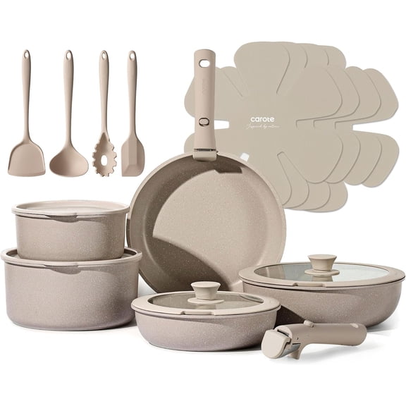 19pcs Non Stick Cookware Set Taupe Detachable Handle Induction Kitchen Set