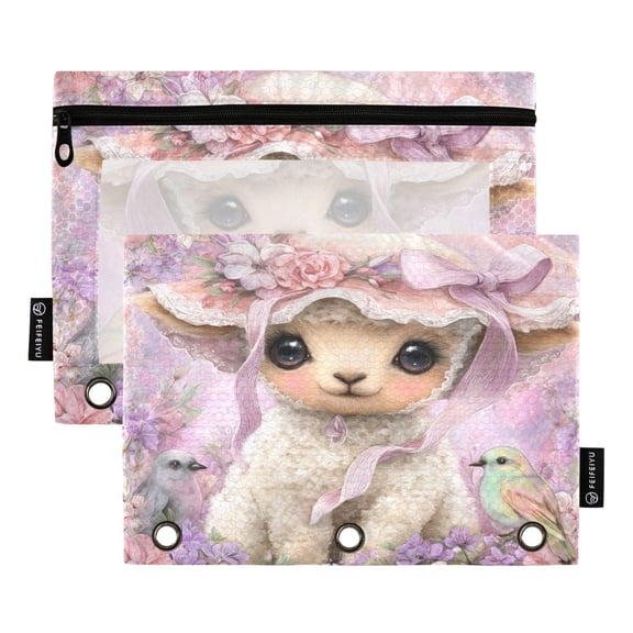 2 Pack 3 Ring Binder Pouch with Clear PVC Window Water Resistant Zipper Pencil Pouch Elegant and Cute Little Sheep Binder Pocket for Classroom Office Home Stationery Organization