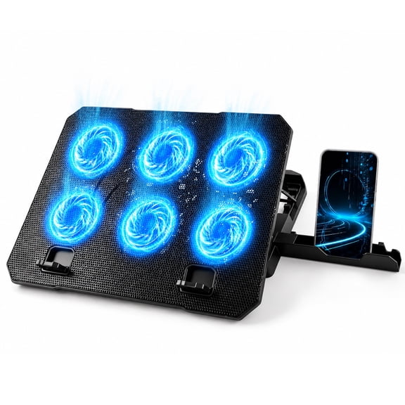 Topsome Laptop Cooling Pad, Laptop Cooler with 6 Quiet Fans for 12-15.6 Inch Notebook, with Height Wind Speed Adjustable Laptop Cooling Stand, 2 USB Ports and Phone Stand