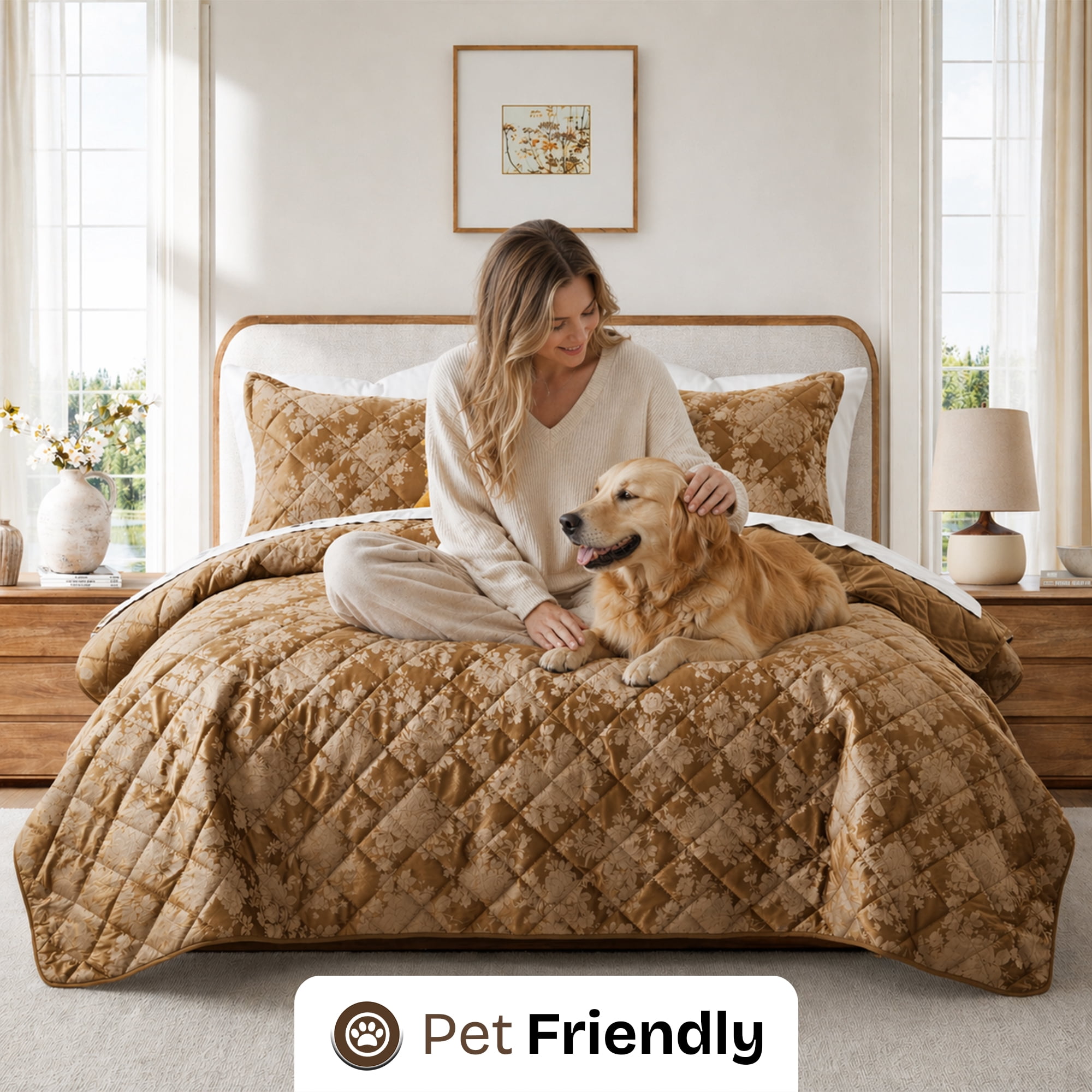 Ameha 3-Piece Velvet Quilt Set Floral Diamond Pattern Ultrasonic Embossed Bedspread Reversible Lightweight Microfiber Coverlet King Size Caramel