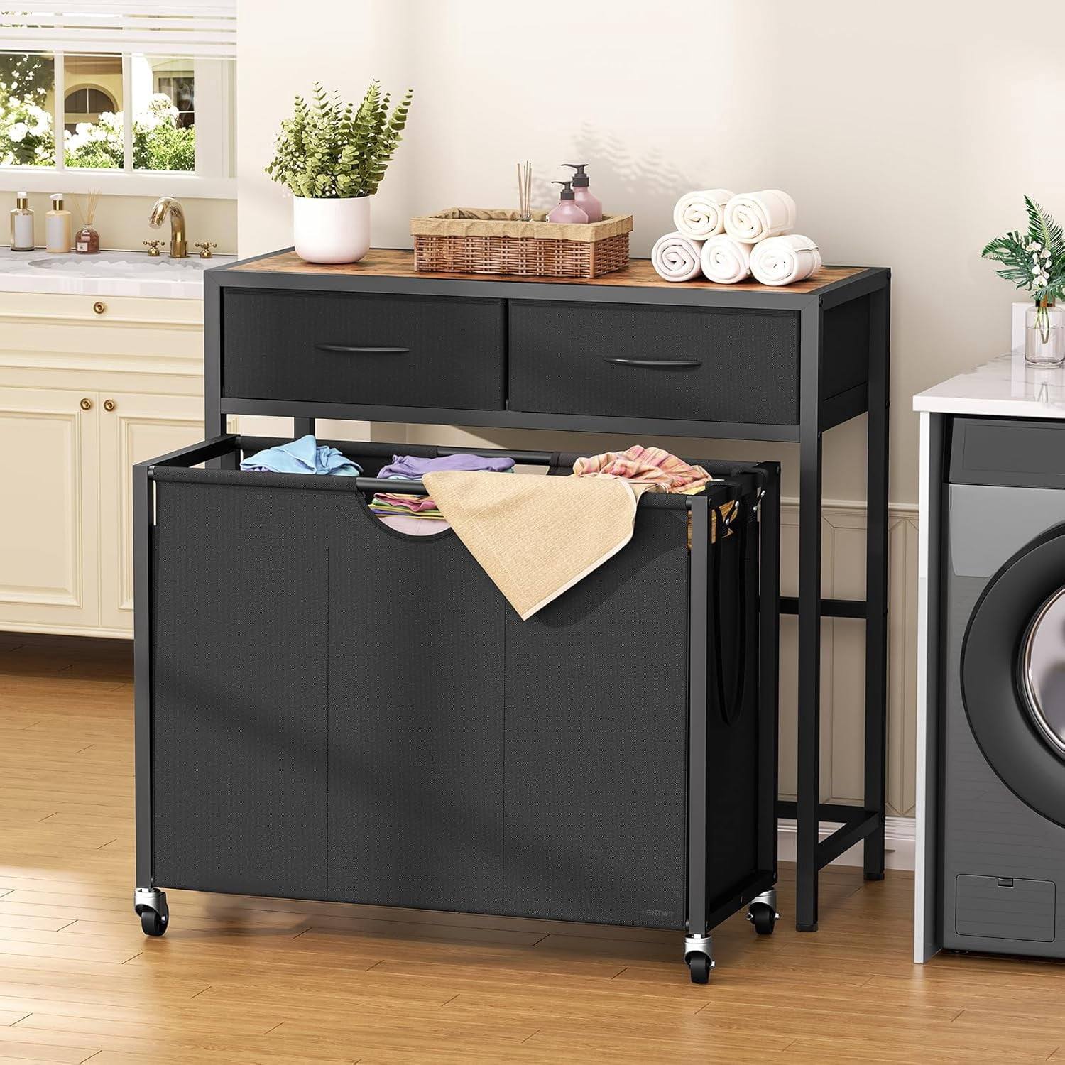 Laundry Sorter 3 Section with Tabletop & 2 Drawers, Rolling Laundry Hamper with Pull-Out and Removable Bags, Laundry Basket Organizer with Wheels and Shelf, Metal Frame Rustic Brown for Laundry Room