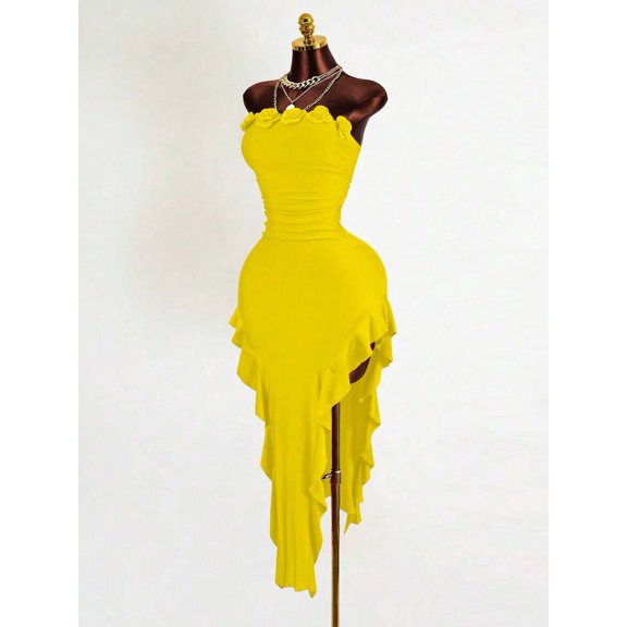 Yellow Womens Fitted Asymmetrical Hem 3D Floral Bandeau Dress, Ruched Body with Layered Ruffle Skirt