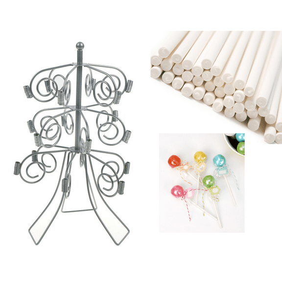 Charmed Silver Metal 18 Lollipop Cake Pop 3 Tiers Stand/Holder W/ 100 pieces 6" White Lollipop Sticks