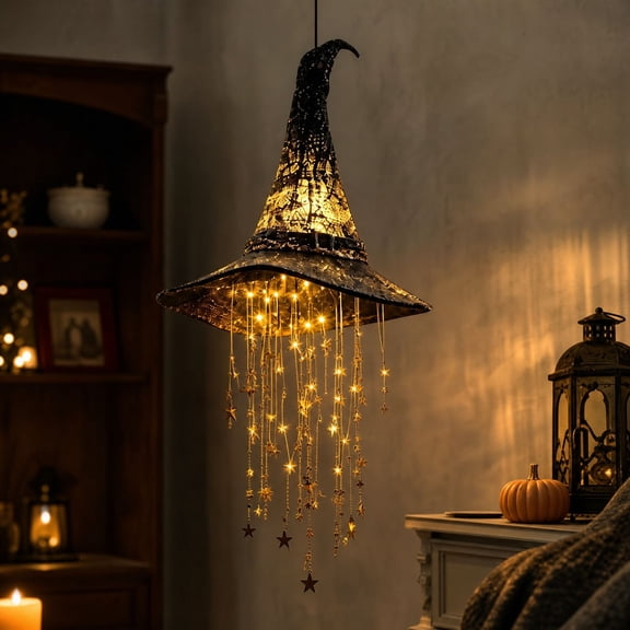Orangide Lighted Witch Hat Hanging Chime Halloween Decoration for Porch Outdoor Yard Garden