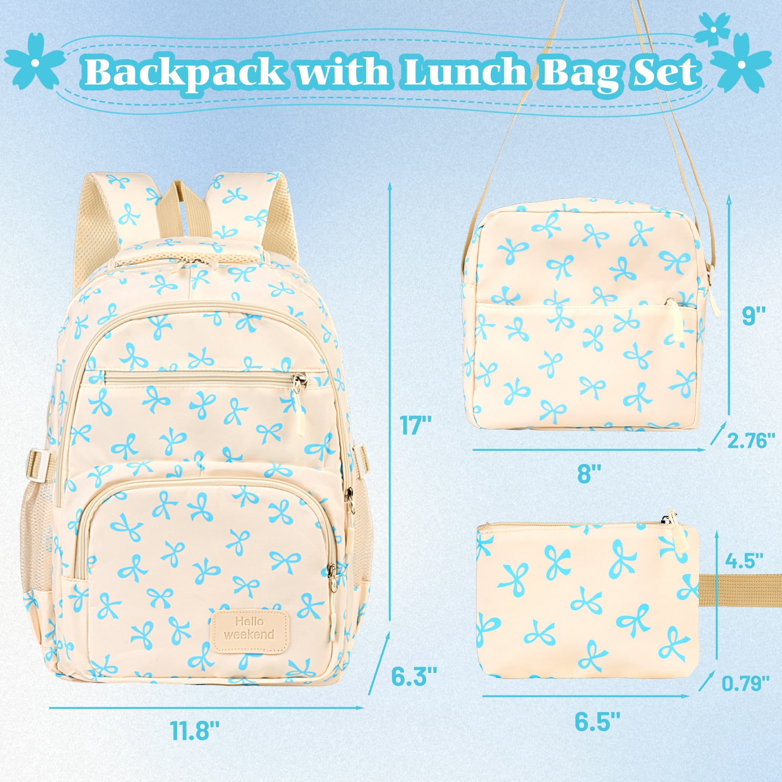 Dakimoe School Backpack Set with Cute Bow, Lightweight Bookbag - Blue, Perfect for Elementary & Middle School  Ages 4-12