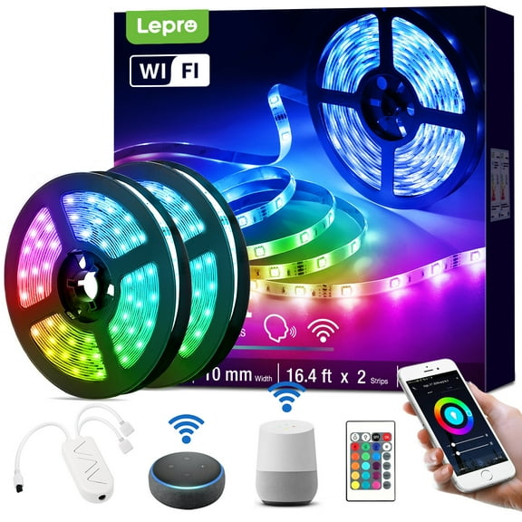 Lepro 32.8ft  Smart  Led Strip Lights  with App Control Remote, 5050 RGB Led Lights for Bedroom, Music Sync Color Changing Lights for Room Party