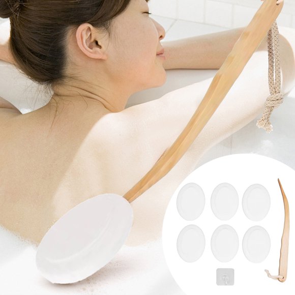 Bath Care Back Lotion Applicator 15 Inch Long Reach Brush for Self Tan Sunscreen and Skin Care with Replaceable Head and Wood Handle for Easy Bathing and Elderly Aid
