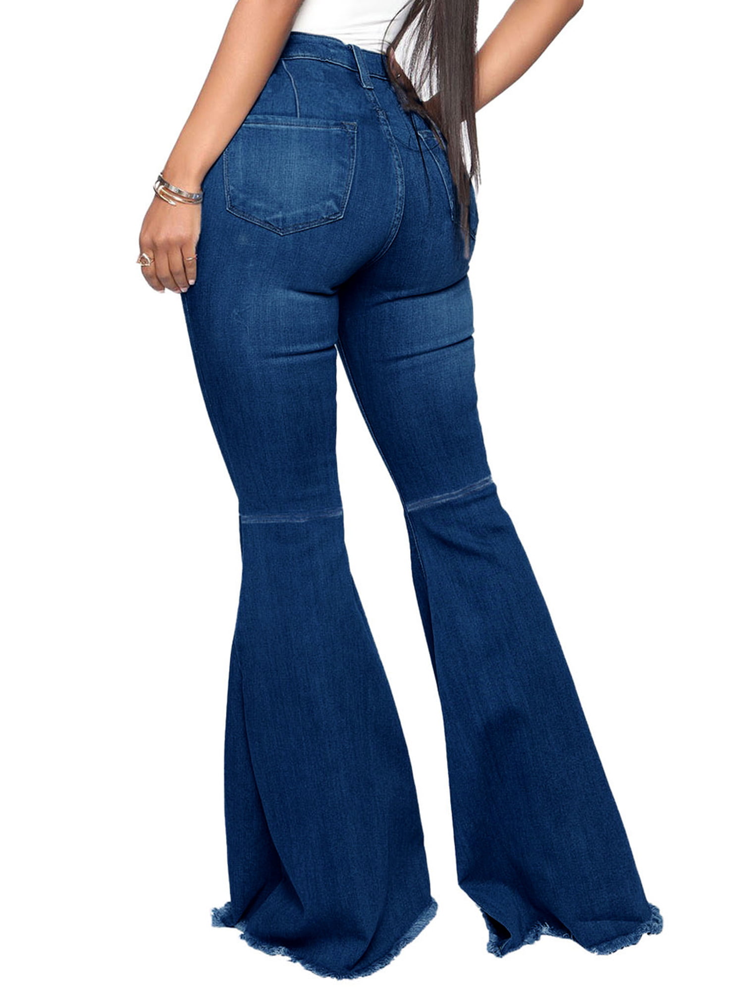 Frontwalk Women Stretch High Waist Bottoms Wide Leg Boot Cut Jeans Ladies  Stretchy School Trousers Blue XL