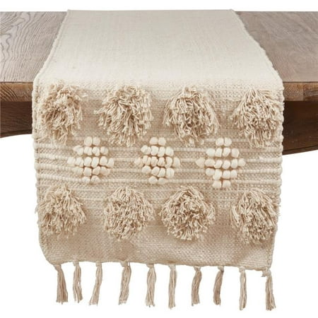 

SARO 3201.I1672B Cotton Runner with Pom Pom Moroccan Design Tablecloth Ivory