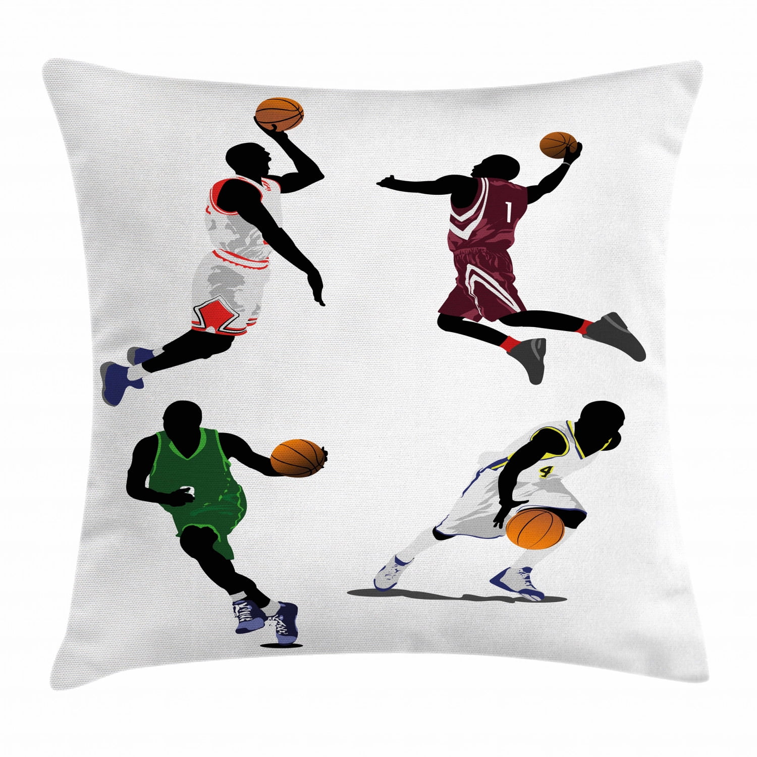 Sports Throw Pillow Cushion Cover, Basketball Players Dribbling Dunking