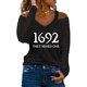 thumbnail image 1 of ICHUANYI Liquidación Moda Mujer Cuello en V Camiseta de manga larga Estampado Hombro frío Blusa suelta Tops ICHUANYI WER202308173204, 1 of 3