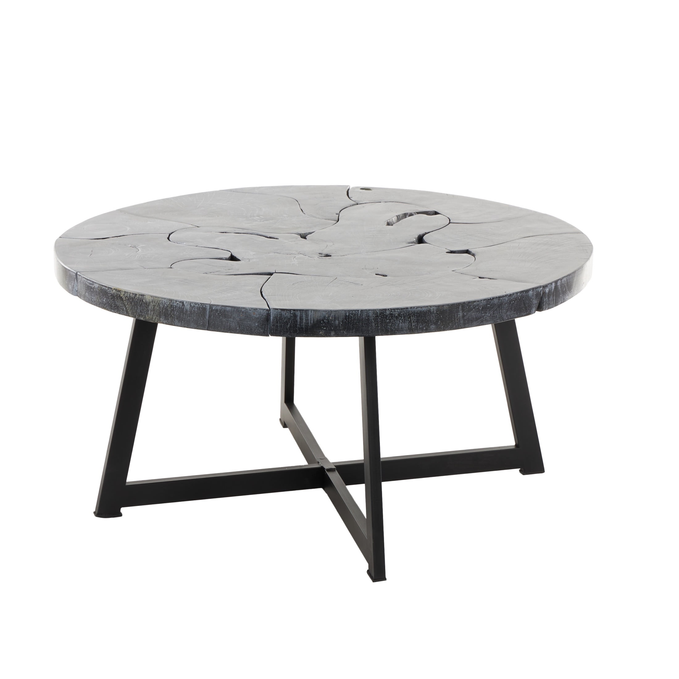 DecMode 35" x 18" Black Teak Wood Handmade Live Edge Geometric Coffee Table with Black Metal Base, 1-Piece