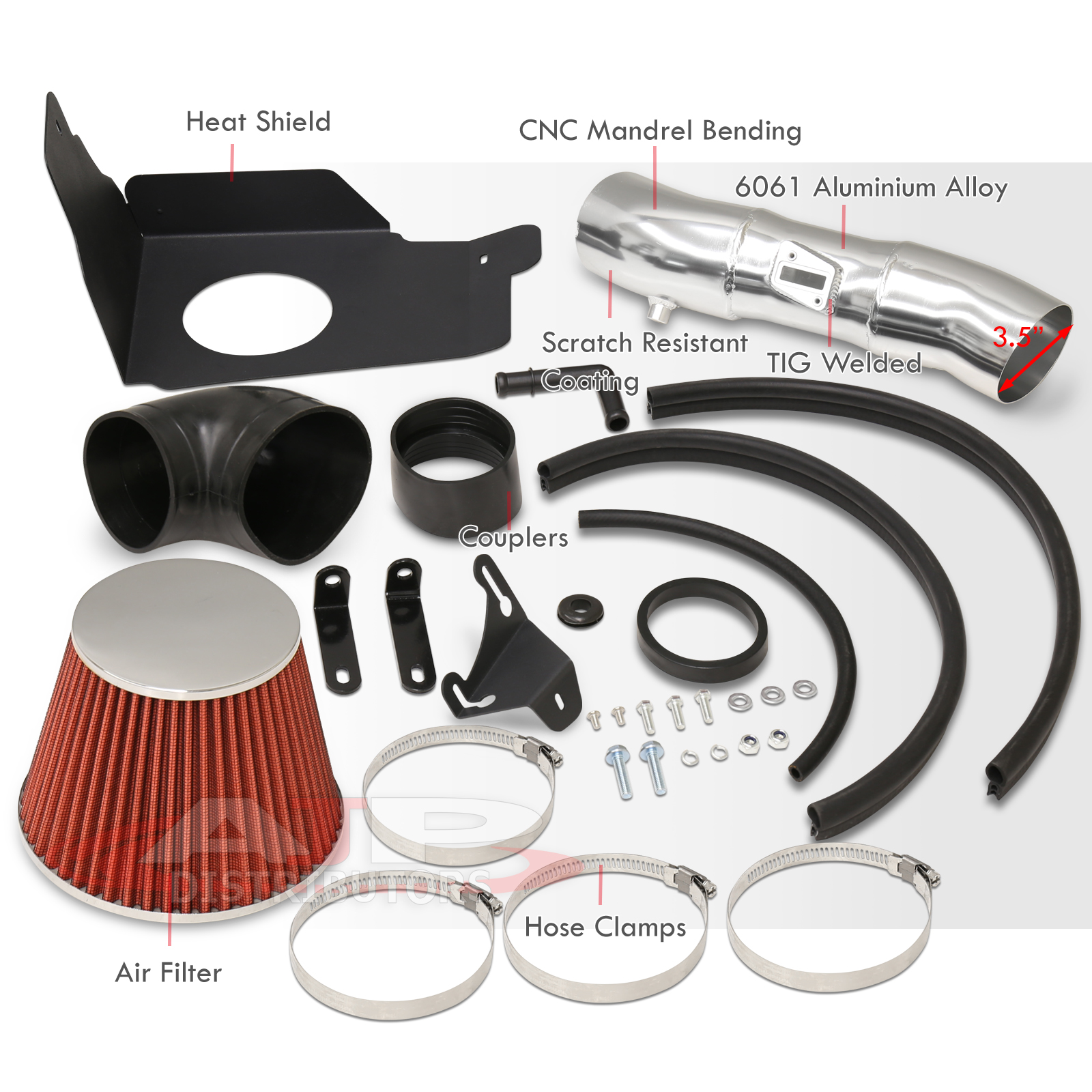 AJP Distributors JDM Cold Air Short Ram Intake CAI SRI Induction System Polished Aluminum Piping Pipe + Heat Shield & Filter Compatible/Replacement For Ford Mustang GT 4.6L V8 2005 2006 2007 2008 2009