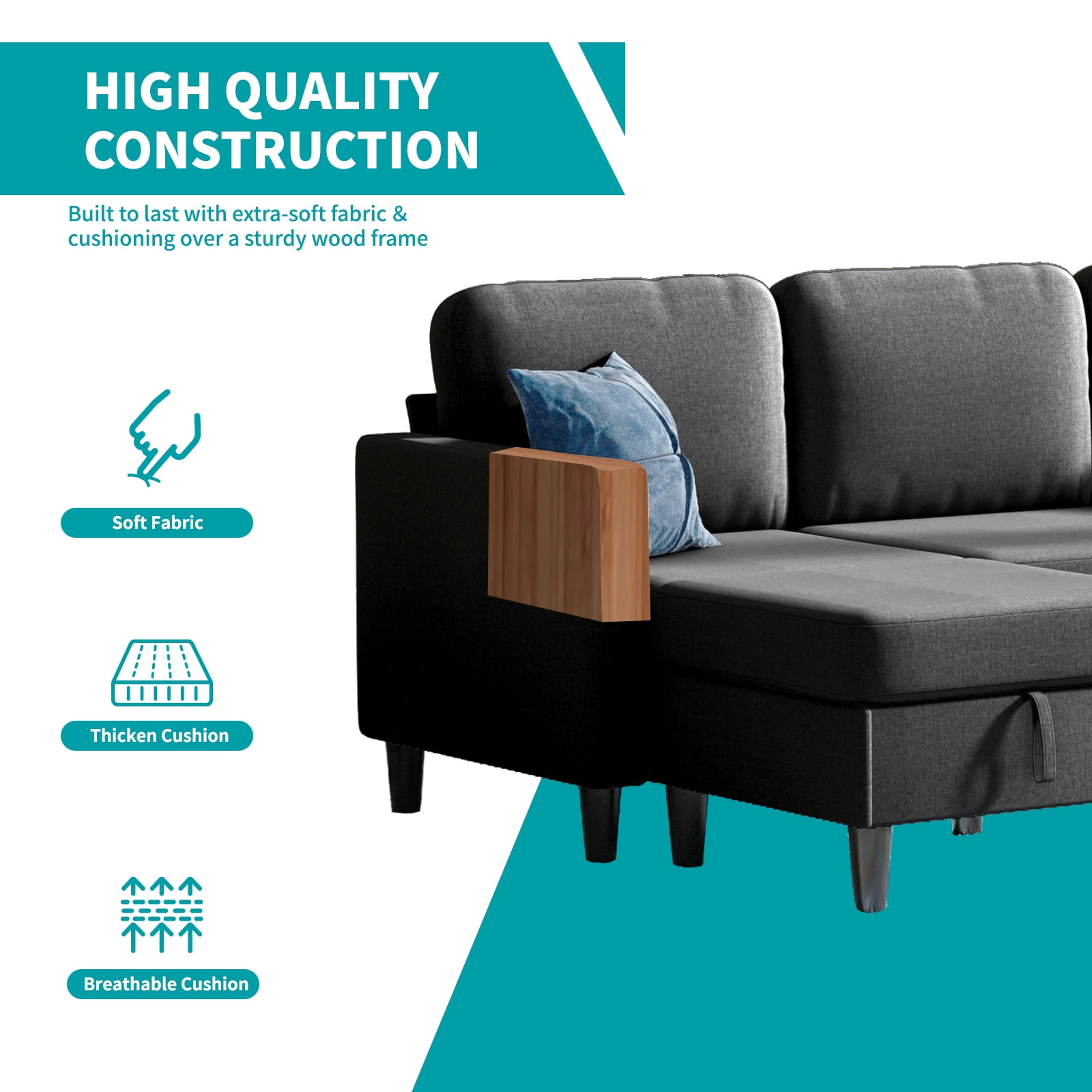ZAFLY 2 Piece Sectional Sofa Sets, Living Room Furniture Set, Couch and Loveseat Sets - Dark Gray