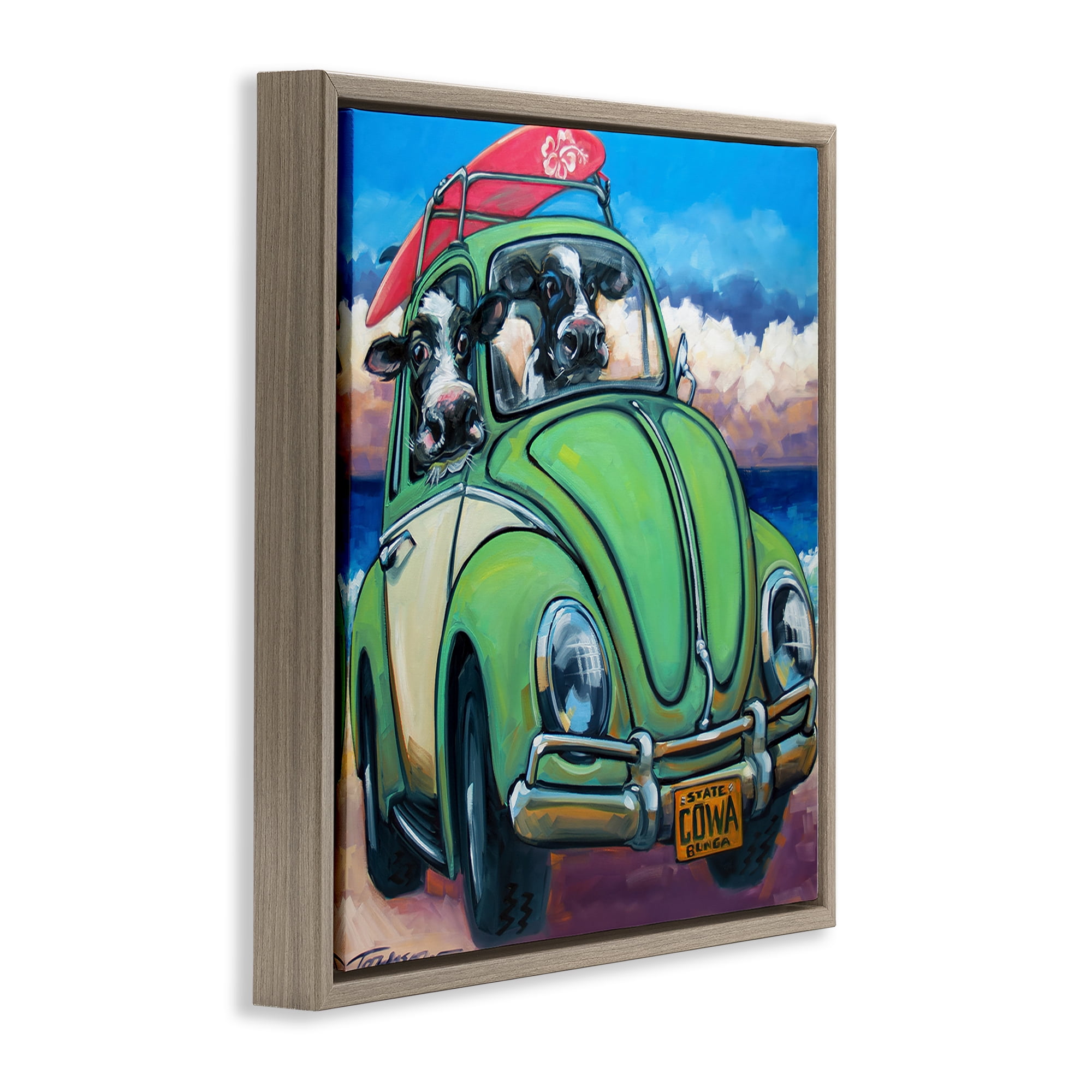 Stupell Industries Cowabunga Surfer Cows Brown Framed Floater Canvas Wall Art, design by CR Townsend