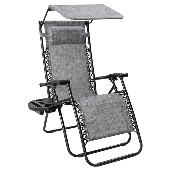 Chair with Canopy Outdoor Lounge Chair Folding Patio Recliners Adjustable Lawn Lounge Chair with Pillow for Poolside, Yard and Camping (Grey)