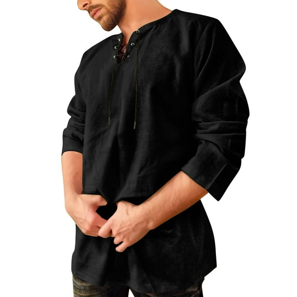Camisa hippie de manga larga/corta para hombre, con cordones góticos, traje de lino, camisa retro medieval