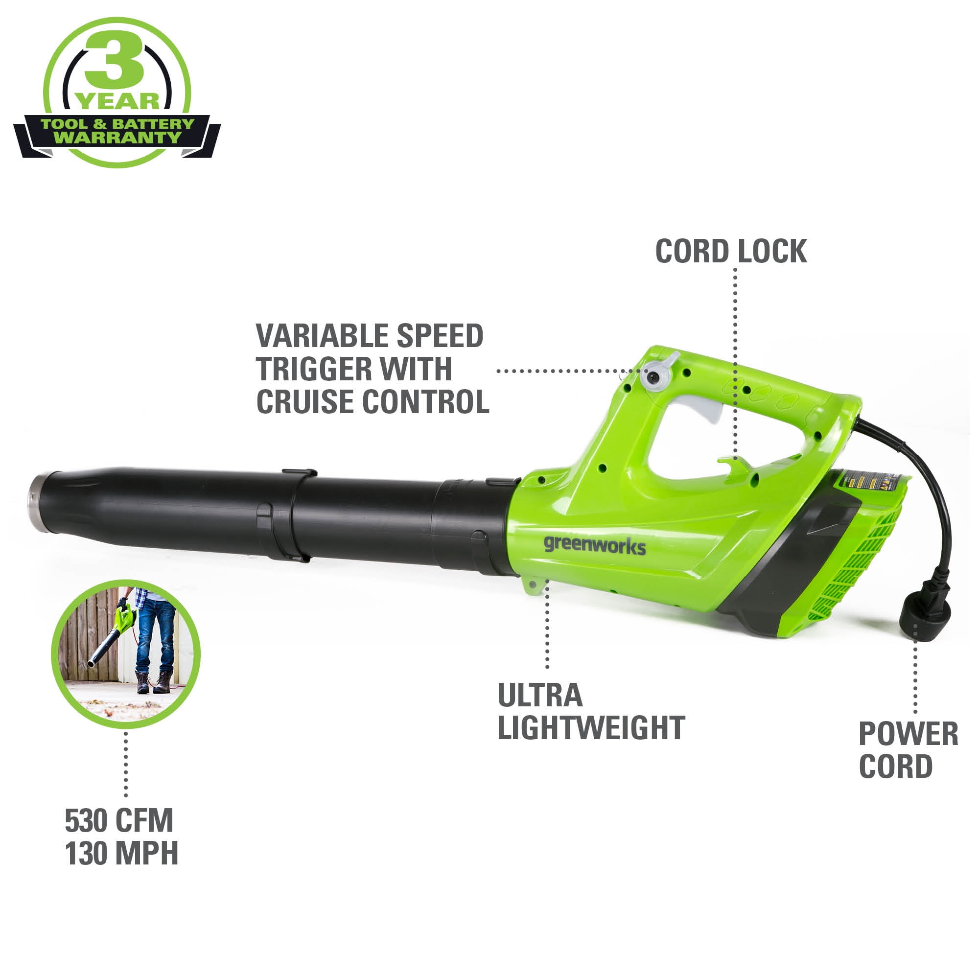 Greenworks 9 Amp 530 Cfm at 130 mph Corded Electric Axial Leaf Blower 2400902
