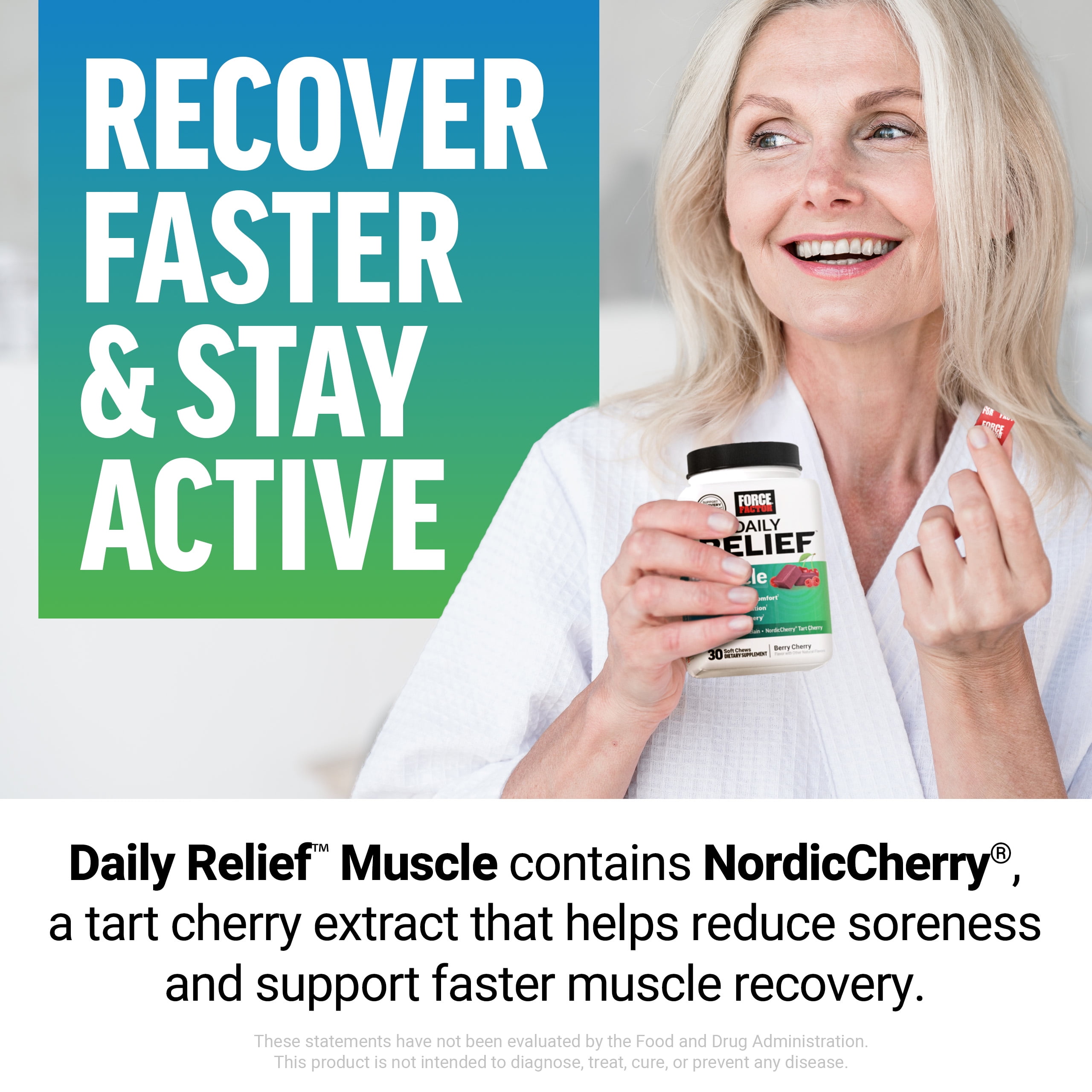 (3 pack) Force Factor Daily Relief Muscle Support, Magnesium Glycinate, Tart Cherry & Bromelain for Muscle Relaxation & Recovery, Berry Cherry, 30 Soft Chews
