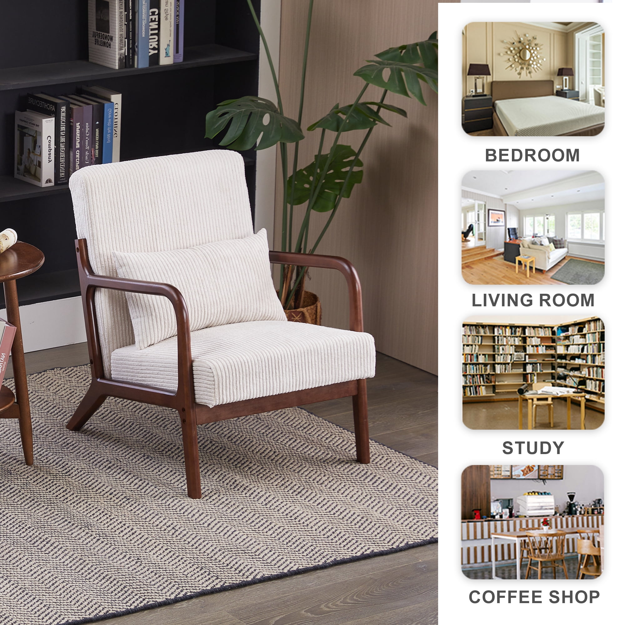 Leumius Modern Arm Chair Upholstered Reading Accent Chair with Pillow & Solid Wood Frame for Living Room Bedroom,Beige