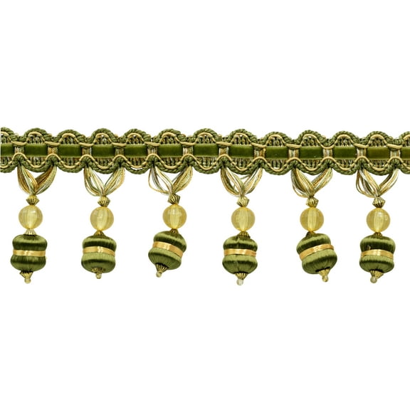 3" (7.5cm) Noblesse Collection Beaded Tassel Fringe Trim # BFH3,, Olive Garden Green (Color# 010) Sold By The Yard (36"/3 ft/0.9m)