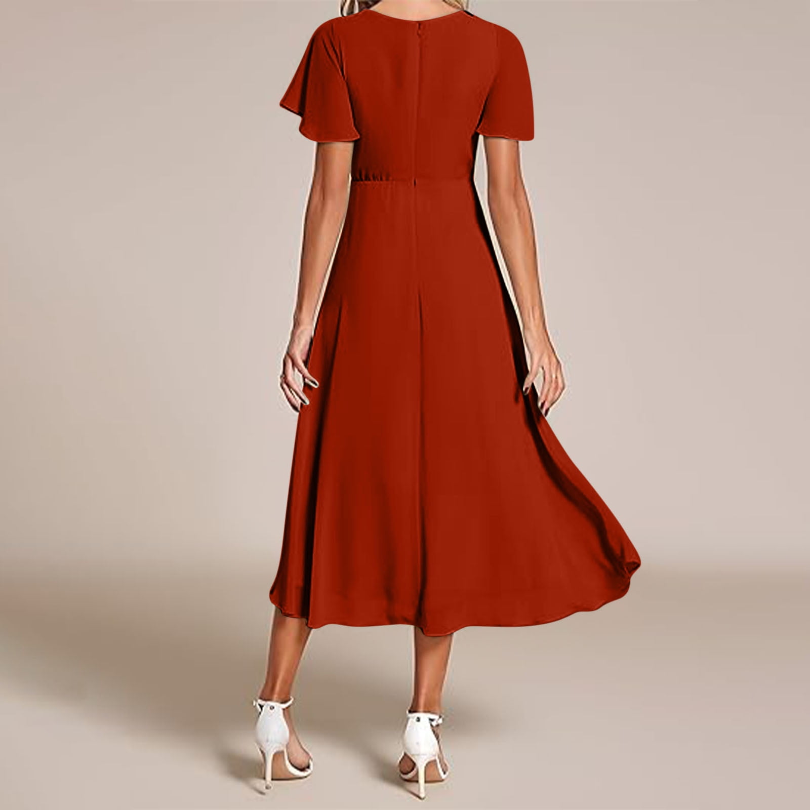 gljltg Women's Solid Color Ruffle Sleeves Pleated V-neck A-line Mid Length Short Sleeve Dress for Women, Girl, Spring, Summer, Suitable for Casual, Daily, Birthday, Dating, Dance
