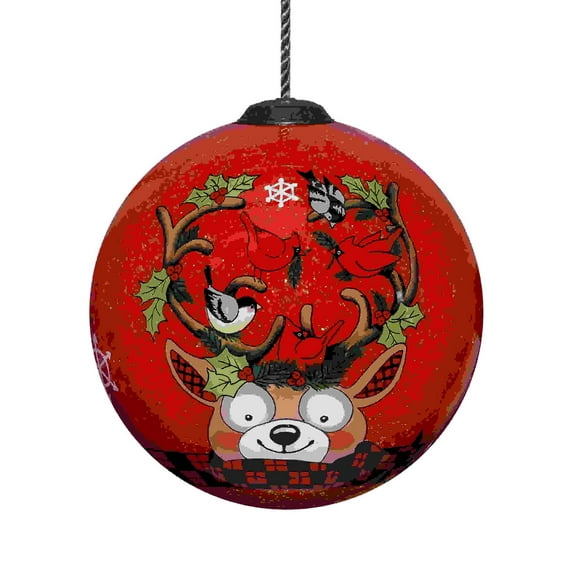 Reindeer with Plaids and Cardinals Hand Painted Mouth Blown Glass Ornament