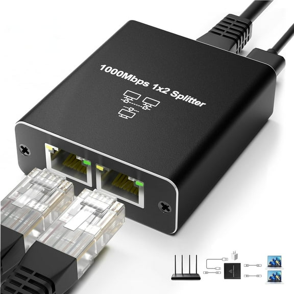 Ethernet Splitter Cable 1 to 2, 1000Mbps High Speed Gigabit RJ45 Network Splitter with USB Power Cable, Gigabit Dual LAN Internet Splitter Adapter for Cat5/5e/6/7/8 Cable