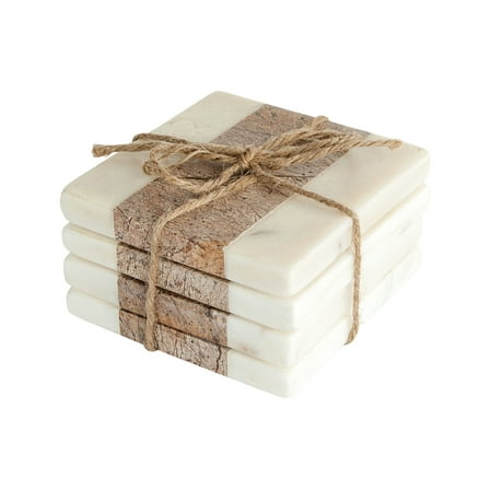 Creative Co-Op Square Marble Coasters with Jute String (Set of 4 Pieces)