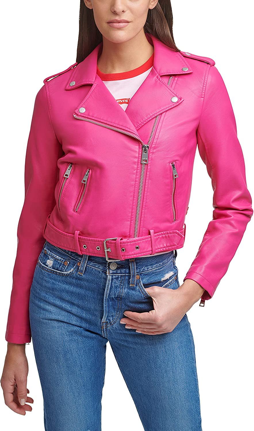 Levis Womens Faux Leather Belted Motorcycle Jacket Standard and Plus Sizes  Standard X-Small Berry Pink 