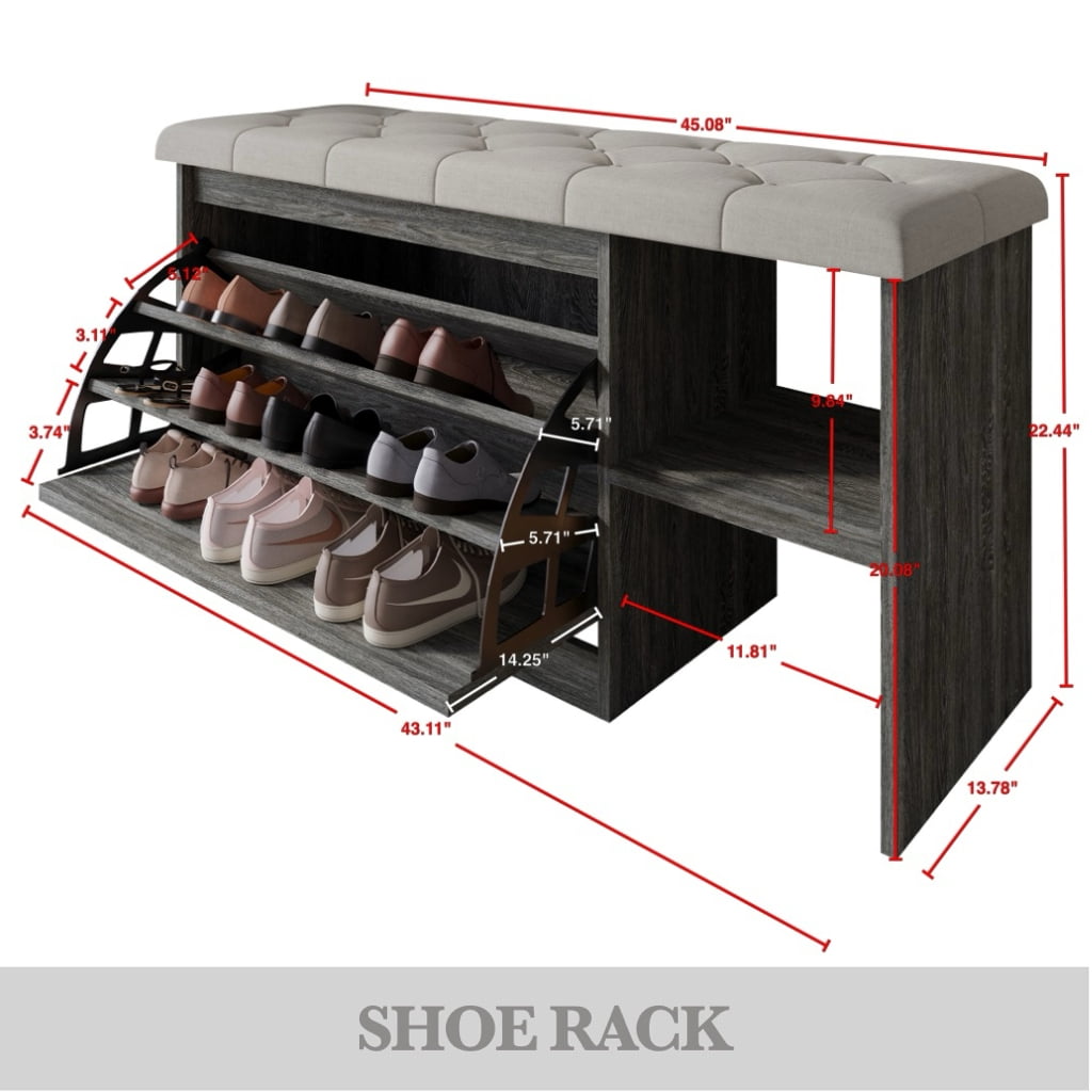 Castle Place Upholstered 41"L x 22" H Bench with Shoe Storage, Dark Grey