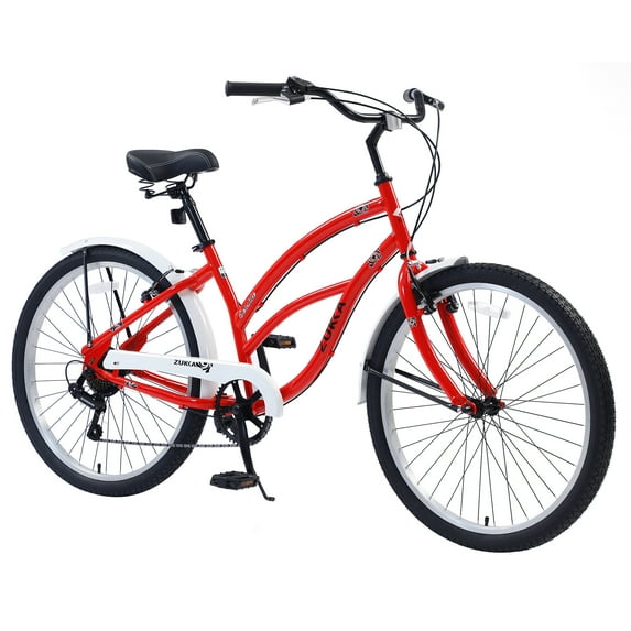 Aukfa 26" Cruiser Bike 7 Speed Bicycle for Men Women, Red