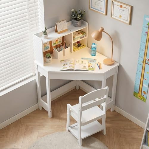 Kids Desk and Chair Set, Wooden Corner Study Table with Bookshelf, Bulletin Board, and Pen Holder, Writing Table for Boys and Girls, White$$Home Decor, Kitchen, & Other