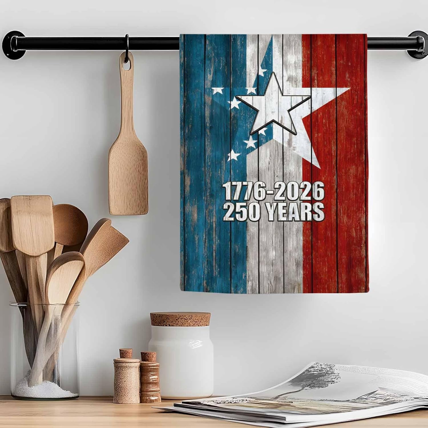 Independence Day 250 Years Kitchen Towels Set of 6 USA Flag Retro Wood Grain Star Decorative Dish Towels Ultra Soft Microfiber Absorbent Reusable Dishcloths for Kitchen Drying, 18x26 Inch