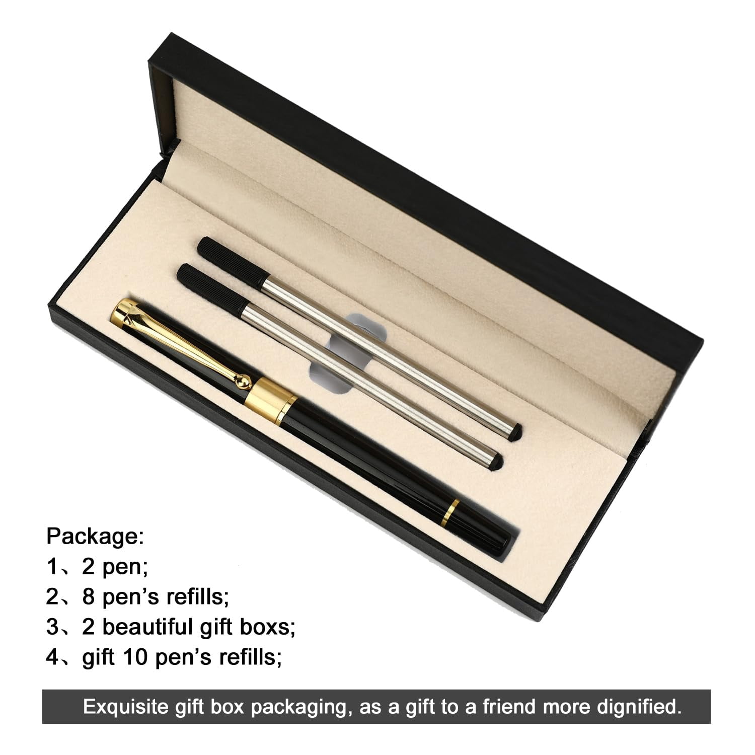 Ballpoint Pen Black Refill Luxury Line Width 0.5mm Ball Gift Set For Men & Women Professional Executive Office Nice Ballpens Classy Box (2 Black)