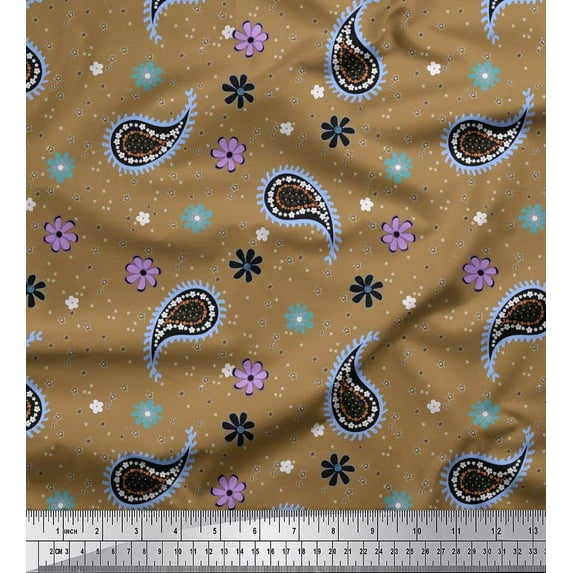 Soimoi Brown Cotton Voile Fabric Star,Paisley & Cosmos Floral Printed Craft Fabric by the Yard 42 Inch Wide