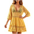 thumbnail image 3 of Hesxuno Women Swimsuit Cover Ups 3/4 Sleeve Swim Dress Lace Bathing Suit Cover Up Beach Boho Vacation Restro Beachwear Yellow Free Size, 3 of 7