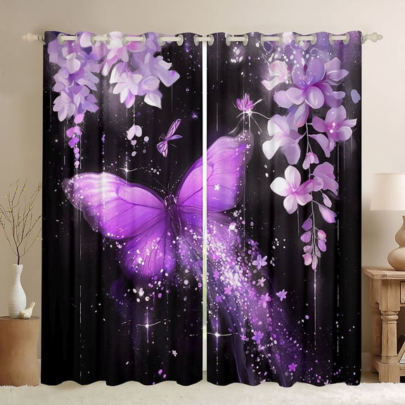 Castle Fairy Flying Butterfly Girl Boy Black Out Curtains,Chic Purple Flowers Curtains Pack of 2 (42x63 Each),Dreamy Princess Bedroom Curtains,Lightweight Room Decor
