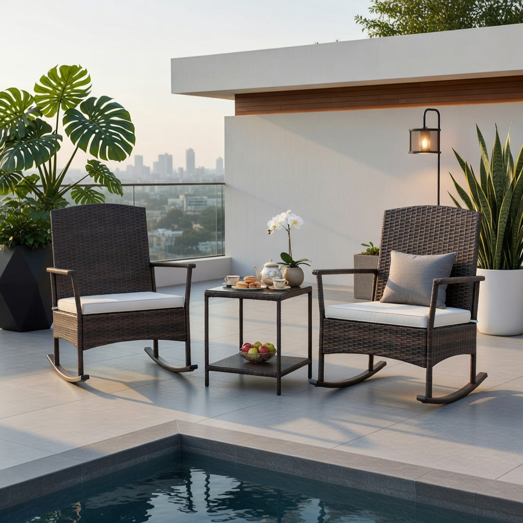 Hommoo 3-Piece Outdoor Patio Rocking Set, Wicker Rocking Chairs with Double-Tier Tempered Glass Coffee Table, PE Rattan, Includes Cushions & Easy Assembly, White