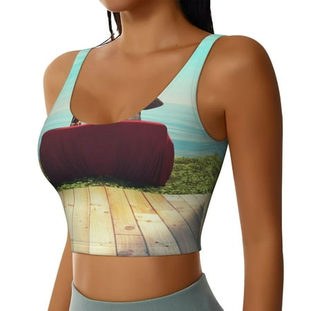 Picia Elehpant And A Giraffe Looking At The Sea Sports Bra for Women Padded Strappy Sports Bras Medium Support Yoga Bra with Removable Cups Running Yoga Bra-Large