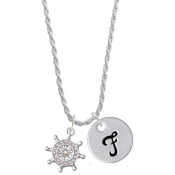 Delight Jewelry Silvertone AB Crystal Ship Wheel - Direction Silvertone Script Initial Disc - F - Charm Necklace, 20"+3"
