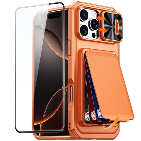 Oupeigar for iPhone 16 Pro Max Luxury Wallet Case,with Tempered Glass Screen Protector,RFID Blocking, Slide Camera Cover,Card Holder Phone Case-Orange