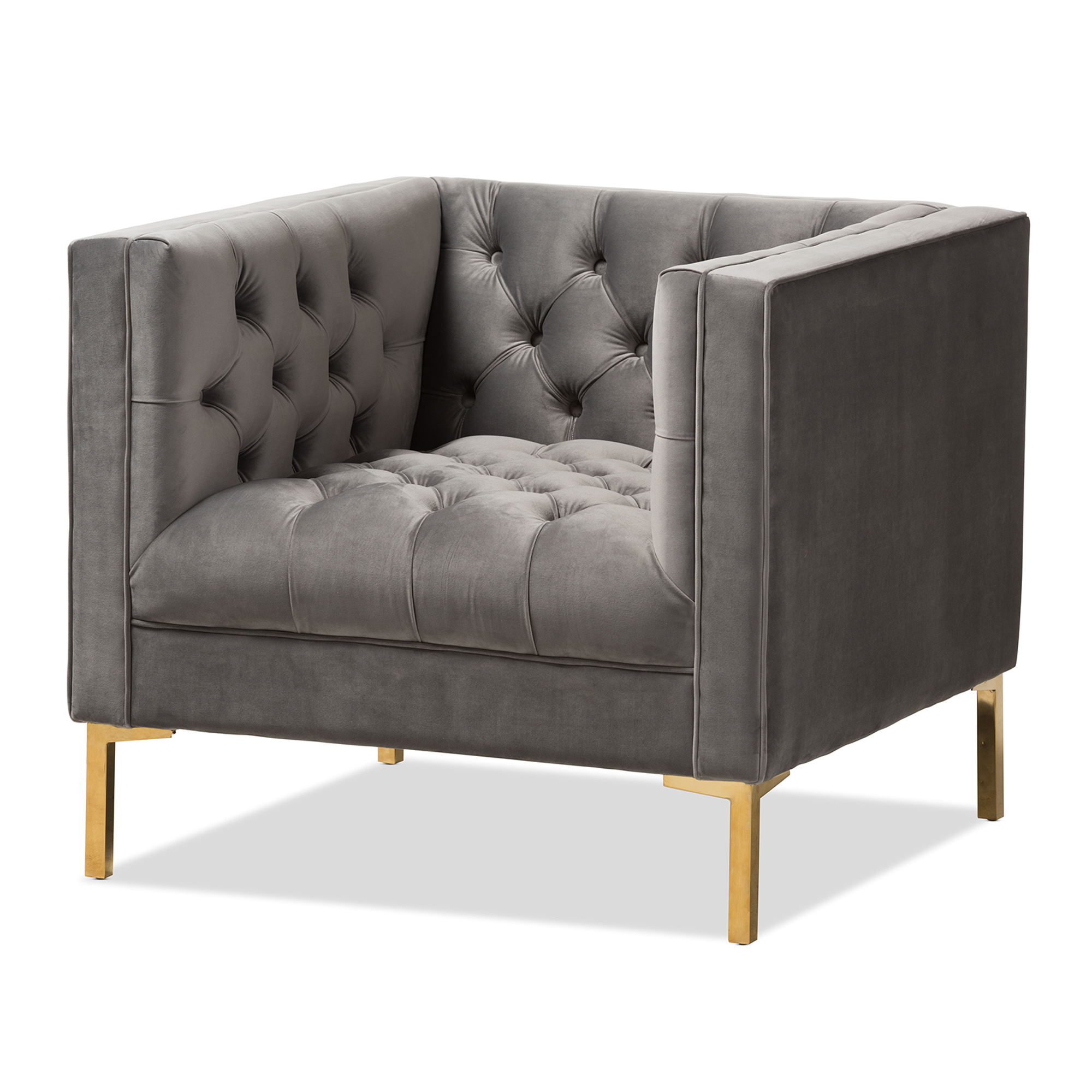 Zahir Luxe and Glamour Grey Velvet Upholstered Gold Finished Lounge Chair by Ember Interiors