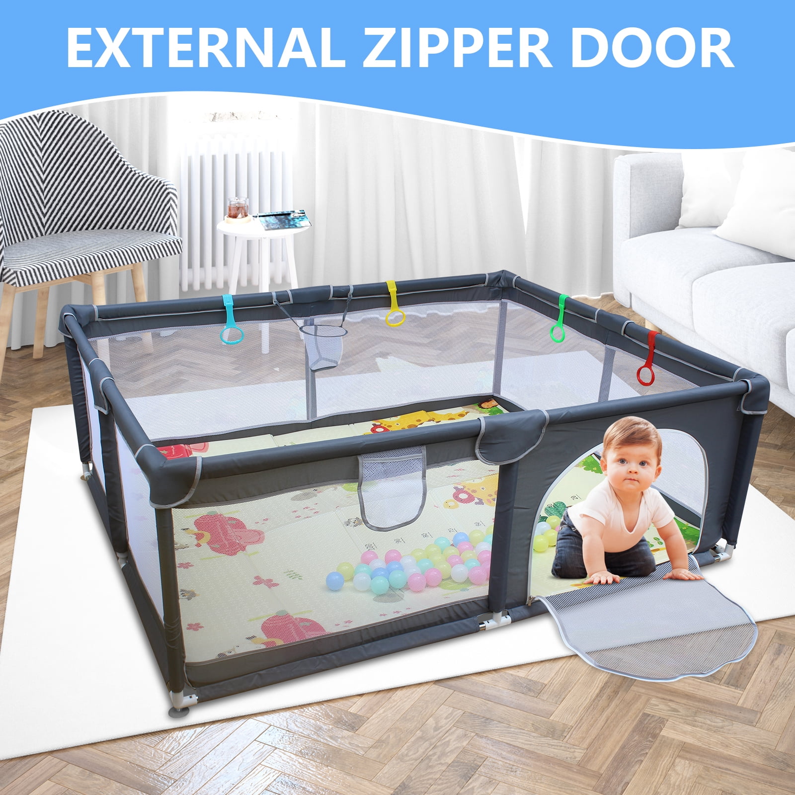 Baby Playpen Cloth with Mat Playpen Removable Enclosures, 47"x47" Portable Playpen for Indoor/Outdoor