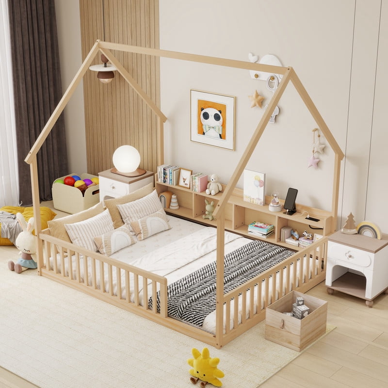 Full Size House-Shaped Canopy Bed with Roof, Wood Kid's Floor Bed Frame with Storage Shelves, LED Lights & Charging Station