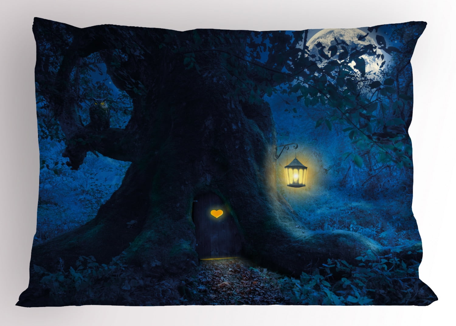 Forest Pillow Sham Magical Night with Little Home in Trunk of Ancient Tree Enchanted Forest Fairytale Theme, Decorative Standard Queen Size Printed Pillowcase, 30 X 20 Inches, Blue, by Ambesonne