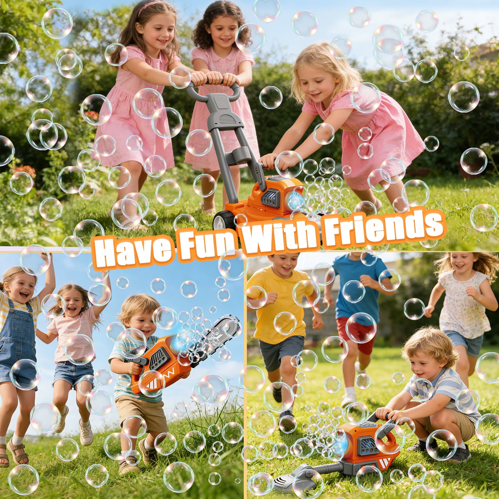 Sunforu 3PC Bubble Machine Toy Set for Toddlers, Include Bubble Lawn Mower,Saw & Watering Can, Indoor Outdoor Play Push Toy for Boy Girl