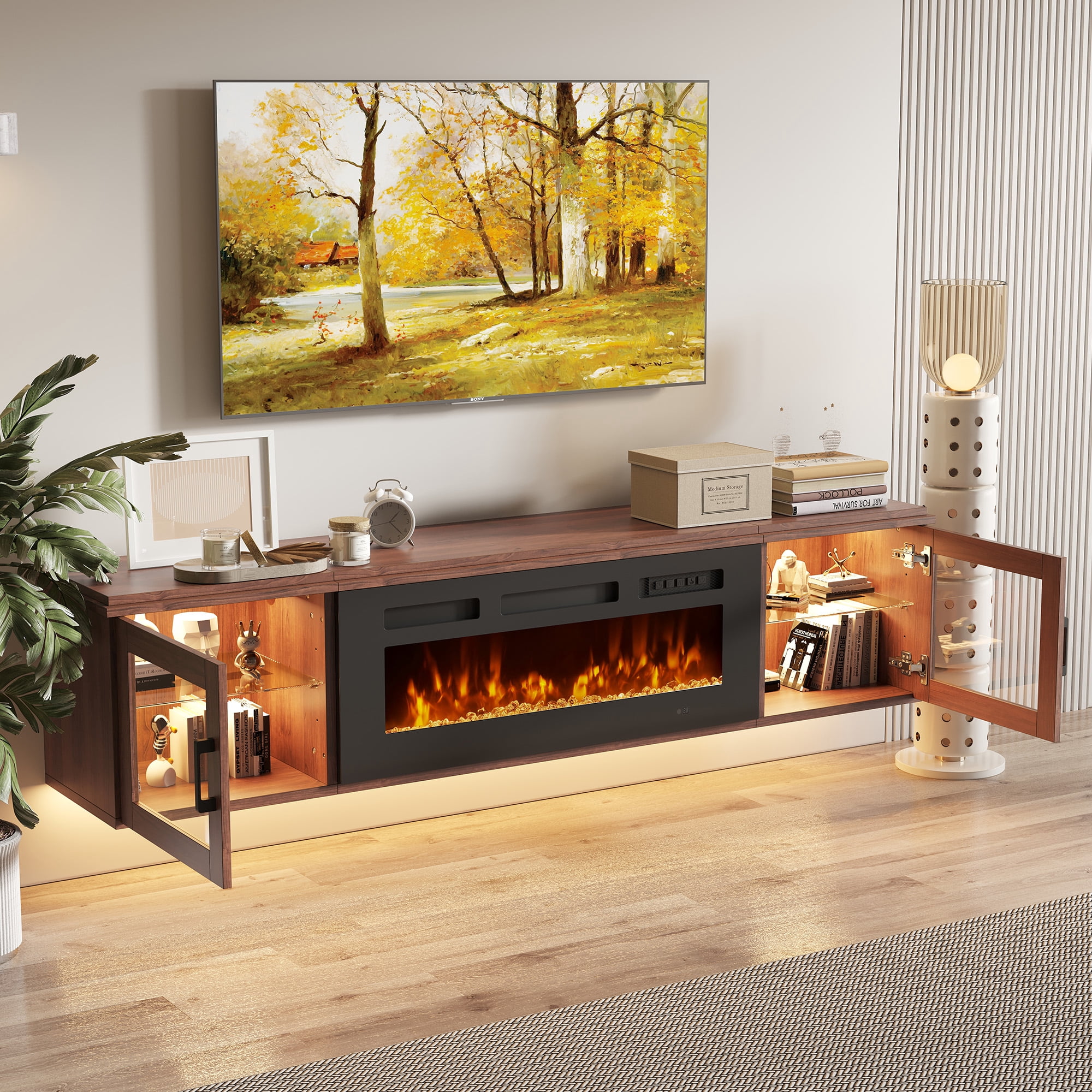 BaPiPro 70" Floating TV Stand for TVs up to 80", Wall Mounted Entertainment Center with 36" Electric Fireplace Heater, LED Lights, Brown