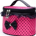 thumbnail image 1 of Travel Makeup Organizer Bag for Girls and Teens with Black Bow and Ruffle Trim Portable Zipper Closure Cosmetic Pouch Handle Carrying Polyester Material -Use Travel Storage, 1 of 2